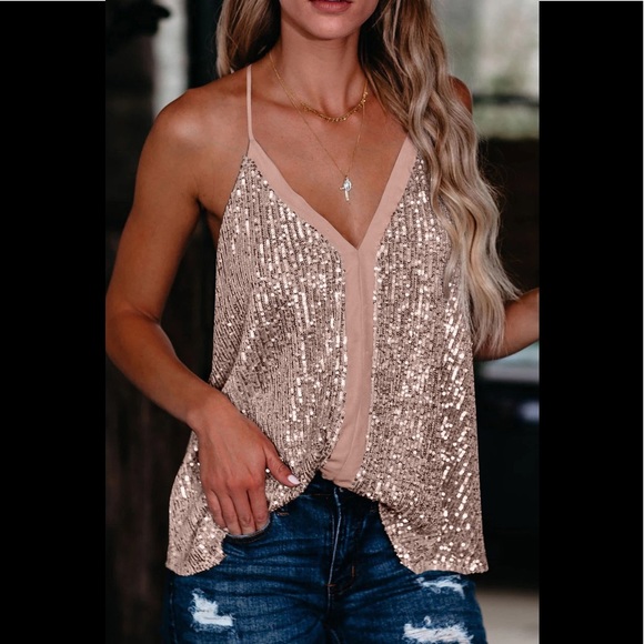 iris Tops - Iris Pink Sequin Racerback Camisole Tank Top